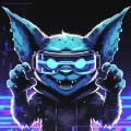 Cyan gremlin facing forward with glowing AR goggles, alert posture, bat-like armored ears.
